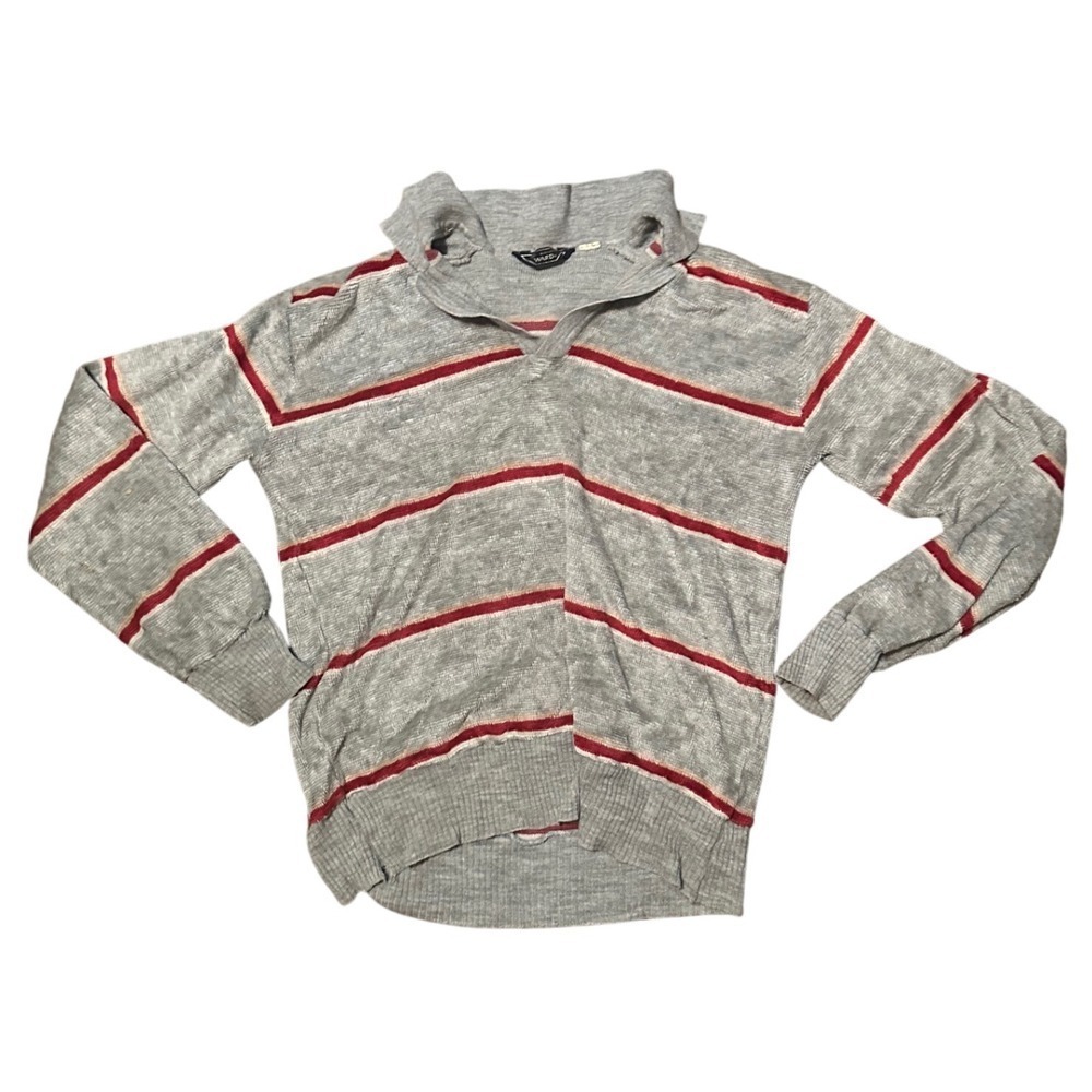 70's Montgomery Ward Pullover Sweater Gray Red Stripe Collar Casual Long Sleeve